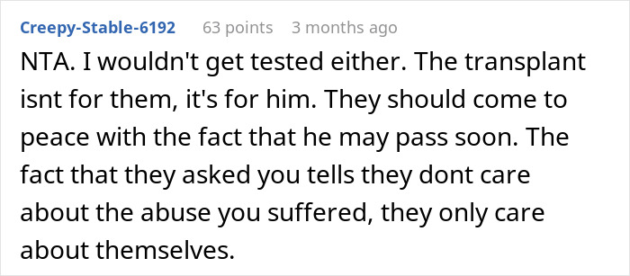 Comment about man refusing to donate an organ to a father who caused childhood abuse and suffering.