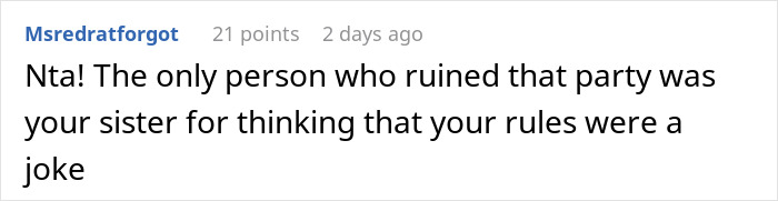 Comment screenshot showing a user stating the sister ruined the party by not respecting the rules in a family dispute.