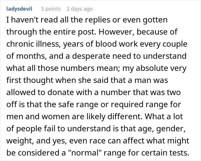 Comment discussing plasma donation denial, payment demands, and accusations of staff racism based on blood work and test factors. Comment discussing plasma donation denial, payment demands, and accusations of staff racism based on blood work and test factors.