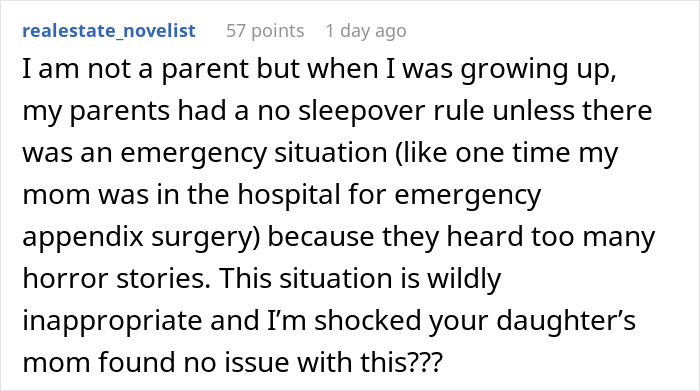 Comment about 8-year-old spending the night at mom's boyfriend's house causing dad to freak out about no family or female present.
