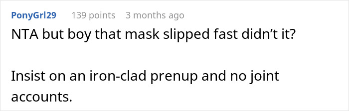Comment text discussing a man demanding a prenup and changing his mind after a woman gets seven-figure insurance.