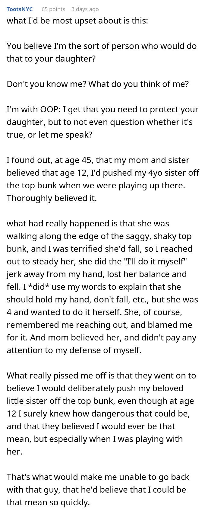 Screenshot of a Reddit post discussing family trust issues involving a teen forging texts to sabotage dad's relationship.