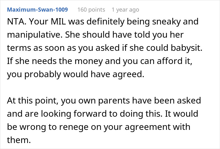 Screenshot of an online forum discussion about refusing to pay MIL for babysitting a toddler, showing user opinions.