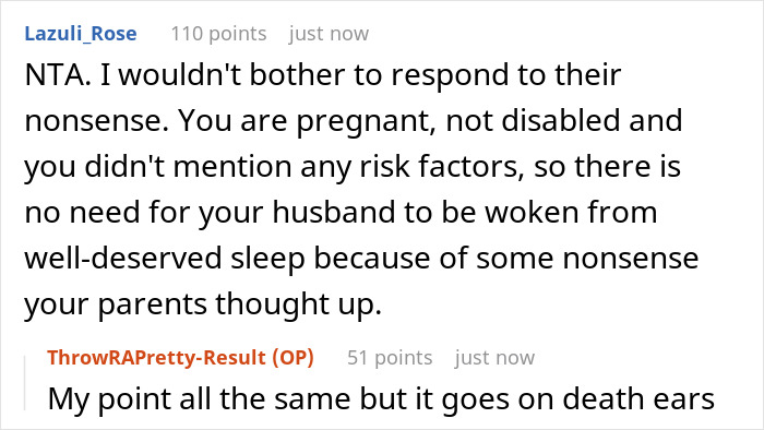 Screenshot of an online discussion about parents wanting to wake a man who sleeps past noon despite having a pregnant wife.