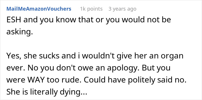 Comment text discussing a woman refusing to be an organ donor for her mom’s obnoxious bestie and apology debate. - 21