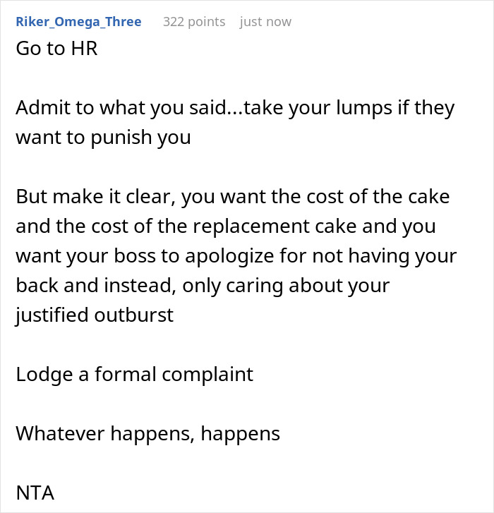 Comment advising to go to HR about a woman&rsquo;s custom baby shower cake ruined in a shared fridge at work.