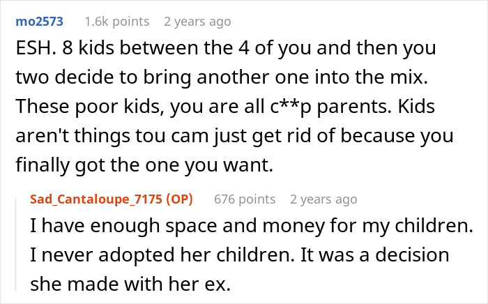 Comments discussing a mom of six trying to dump two adopted kids on her ex during divorce, sparking CPS involvement.