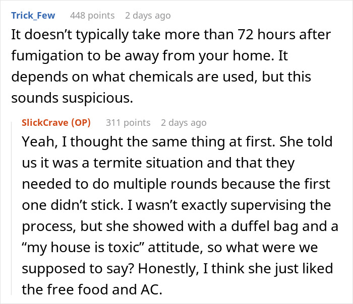 Reddit conversation discussing fumigation timing and skepticism about a termite situation with toxic house concerns. - 11