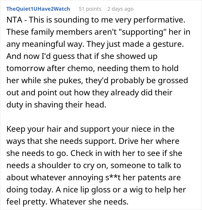 Family upset over 17YO refusing to shave head like others to support 7YO with cancer treatment and care.