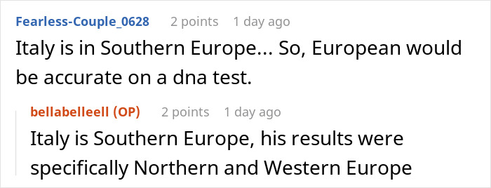 Comment thread discussing DNA test results with inlaws-day ruined genetic heritage information about European ancestry. - 23