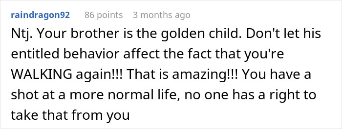 Comment expressing support for girl who survives cancer and accepts prosthetic leg despite brother's unfair behavior.