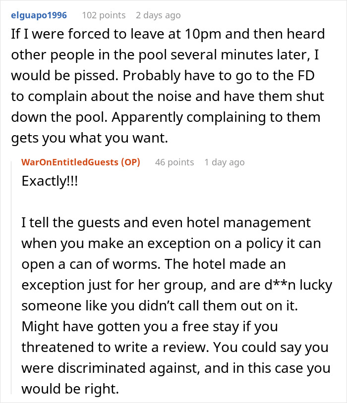 Reddit discussion about obnoxious Karen getting to use the hotel pool after it had been closed due to an exception. - 15