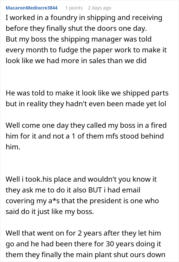 Comment describing a boss&rsquo;s request to fudge data in shipping and receiving to falsely boost sales numbers, leading to consequences.
