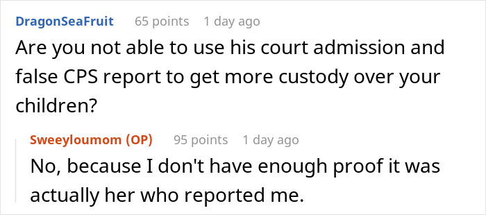 Screenshot of an online discussion about custody challenges involving a woman feeling zero regret over her ex-husband’s new wife. - 38