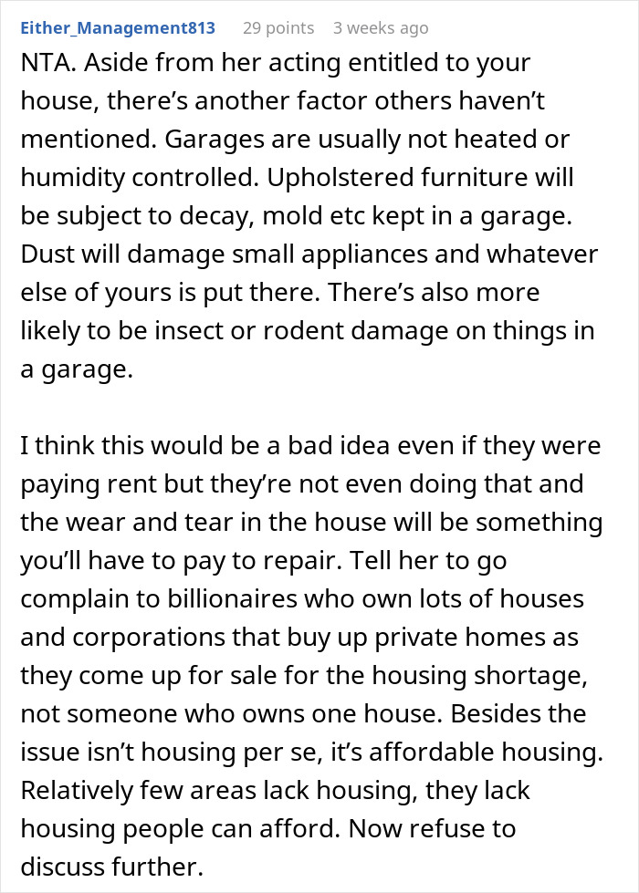 Reddit comment explaining reasons for refusing to give home to sister and her family, discussing landlord concerns.