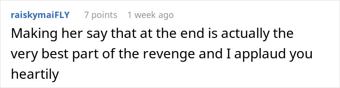 Comment from user raiskymaiFLY discussing the best part of the revenge after woman creates a mess in SIL’s home. - 34