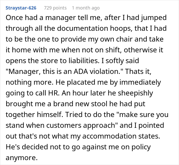 Text post describing an ableist manager refusing ADA accommodations for a disabled employee and facing consequences. Text post describing an ableist manager refusing ADA accommodations for a disabled employee and facing consequences.
