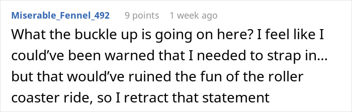 Comment on Reddit discussing confusion and surprise about a sudden roller coaster ride experience.
