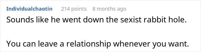 Comment text on a white background discussing leaving a relationship after a red-flag argument with boyfriend.