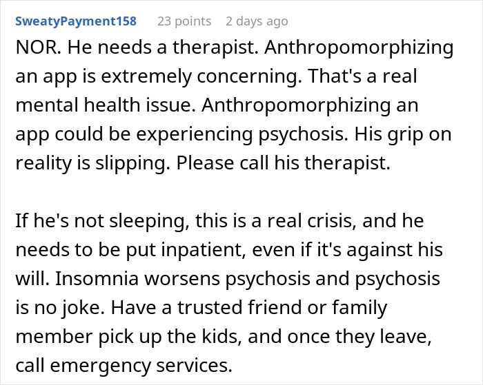 Comment discussing the need for therapy and crisis intervention after a husband falls in love with an AI girlfriend. Comment discussing the need for therapy and crisis intervention after a husband falls in love with an AI girlfriend.