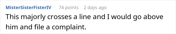 User comment stating the situation about a boss who doesn’t want employee bikini pictures posted and considering filing a complaint. - 17