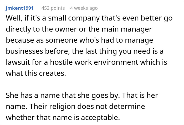 Comment discussing workplace issues and borderline racism involving a Korean woman's name being called offensive by a coworker. Comment discussing workplace issues and borderline racism involving a Korean woman's name being called offensive by a coworker.