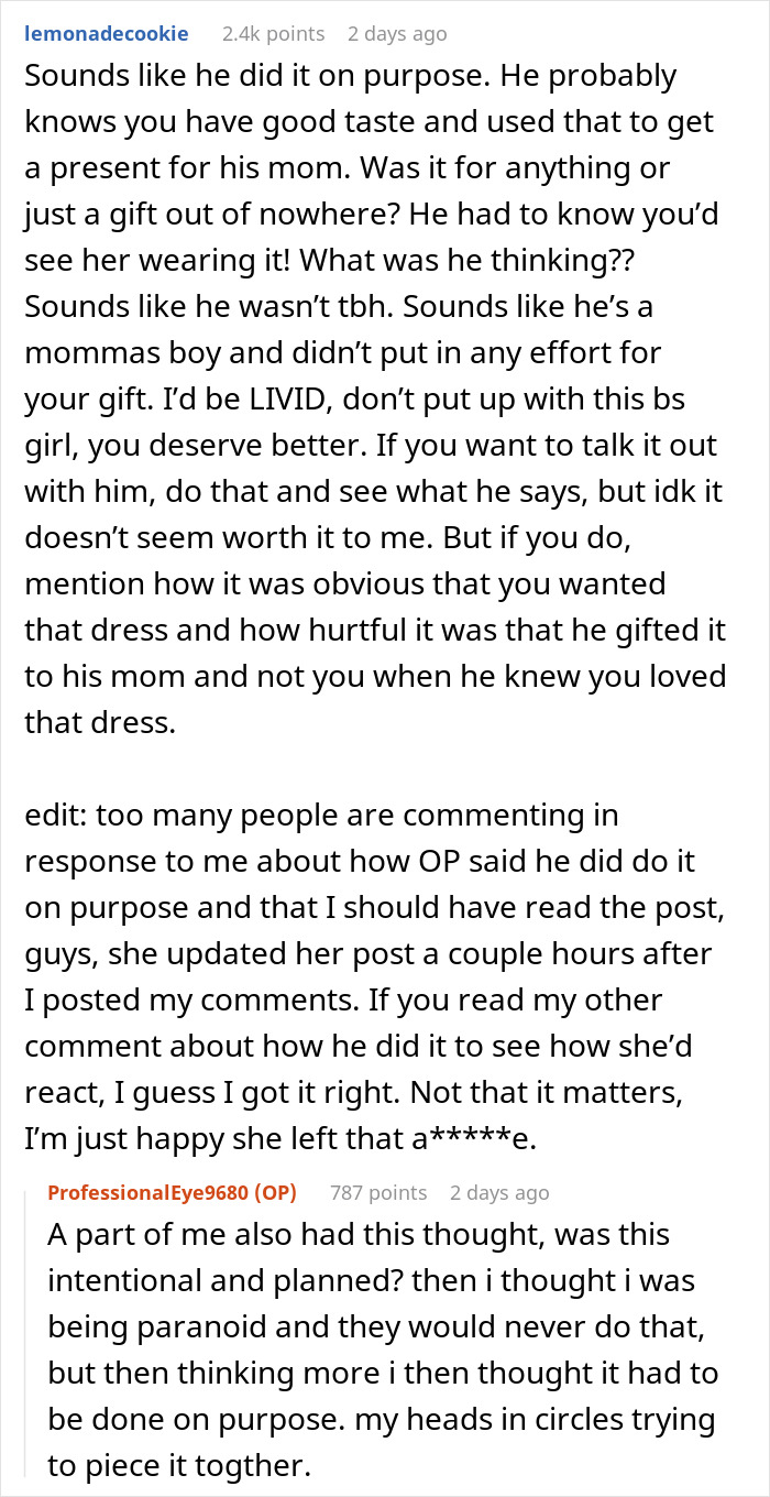 Reddit user discusses jerk boyfriend buying dream gift for someone else to humble his girlfriend. - 17