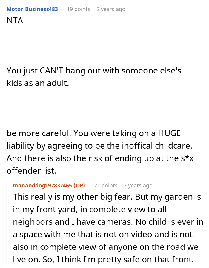 Reddit discussion about man banning children from property due to entitled parent and concerns over informal childcare liability. - 23