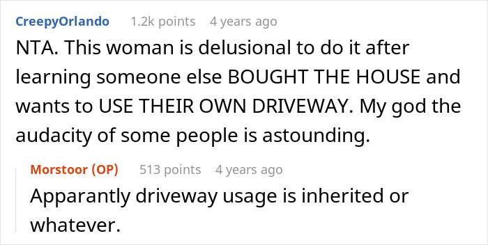 Screenshot of a Reddit discussion about a disabled woman wrongly claiming ownership of her neighbor&rsquo;s driveway.
