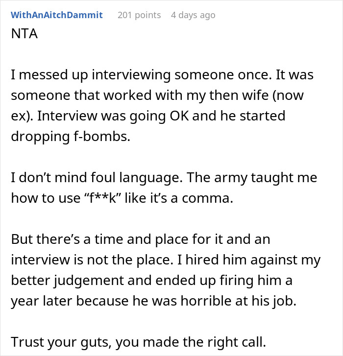 Text post discussing a job interview disaster where a candidate with high chances blew it quickly with bad language.