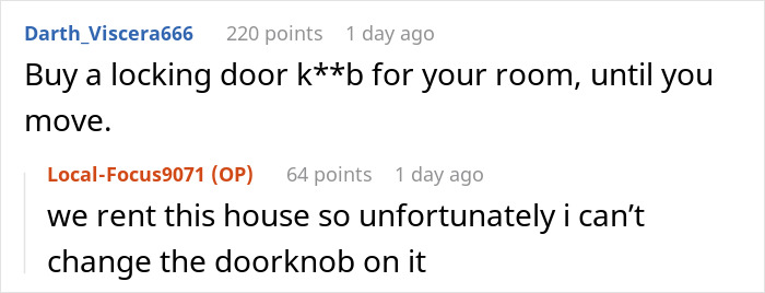 Online discussion where user advises buying a locking door knob as 18YO struggles with 13YO sister's behavior. - 21