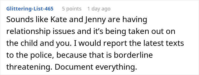 Text comment about co-parenting conflict and reporting threats, highlighting misunderstanding turning ugly between co-parents and CPS involvement.