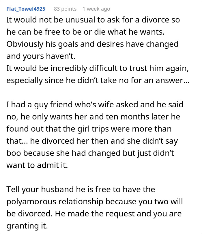 Comment discussing heartbreak and trust issues after a husband suggests trying polyamory in marriage. - 31