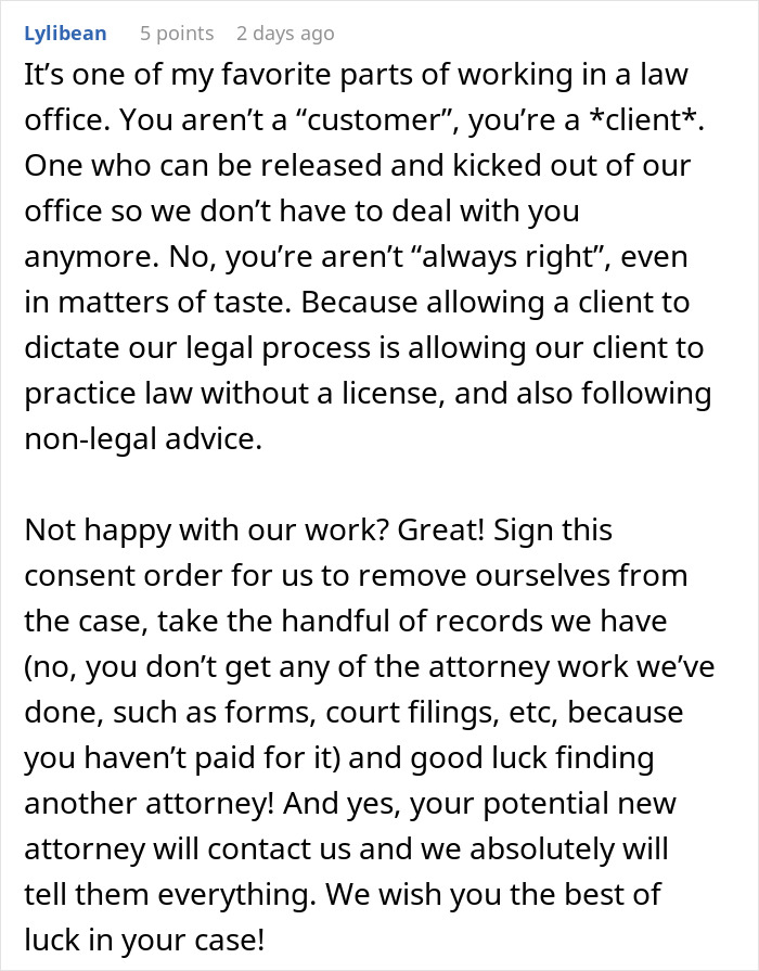 Comment discussing challenges of working in a law office, client expectations, and legal process boundaries. Comment discussing challenges of working in a law office, client expectations, and legal process boundaries.