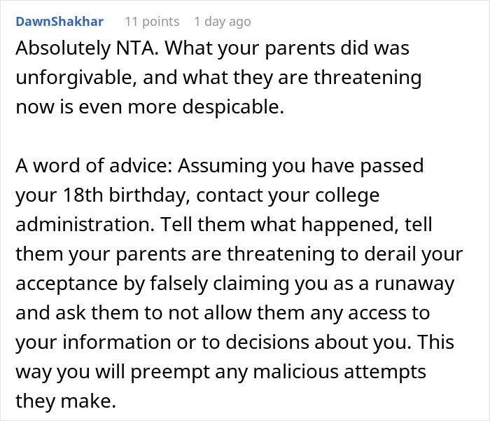 Screenshot of a Reddit comment advising on how to handle parents playing favorites and threats after graduation.
