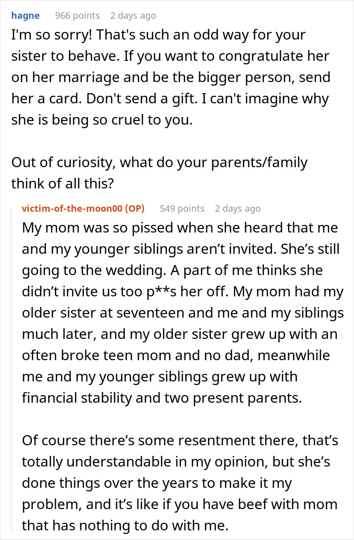 Text conversation discussing a woman who excludes her half-sister from a wedding due to family resentment and financial differences. - 7