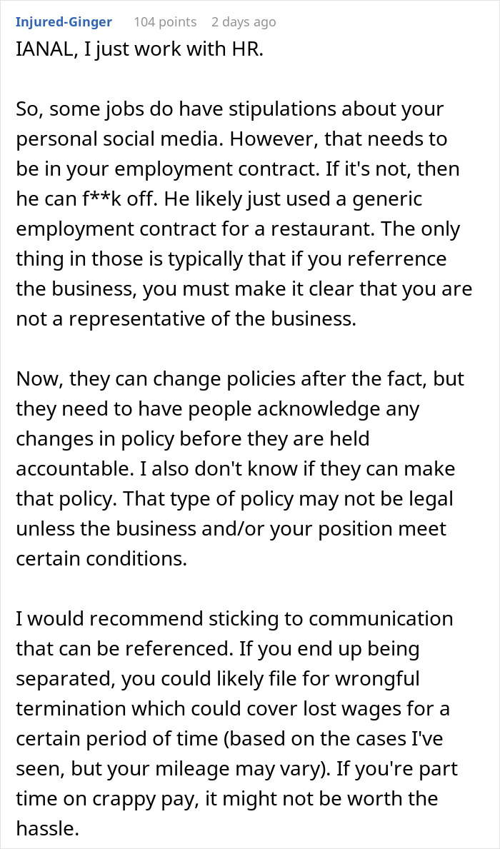 Comment discussing employer policies on employee personal social media use and bikini pictures posted online. - 14