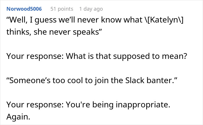 Text exchange showing coworker criticizing woman for not sending GIFs in Slack, affecting workplace morale and prompting HR involvement. - 26