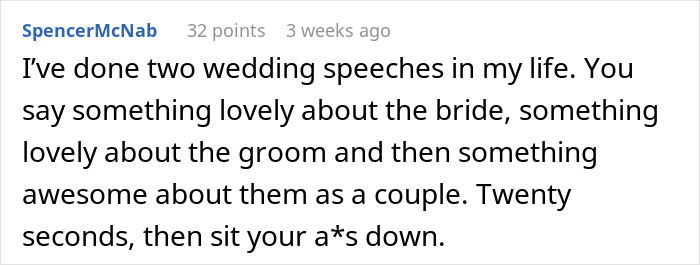 Screenshot of a humorous wedding speech text comparing the groom&rsquo;s choice in bride to an IKEA shopping trip.