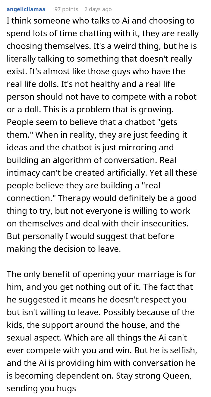 Comment discussing marriage struggles after husband falls in love with AI girlfriend, highlighting emotional and relationship challenges. Comment discussing marriage struggles after husband falls in love with AI girlfriend, highlighting emotional and relationship challenges.