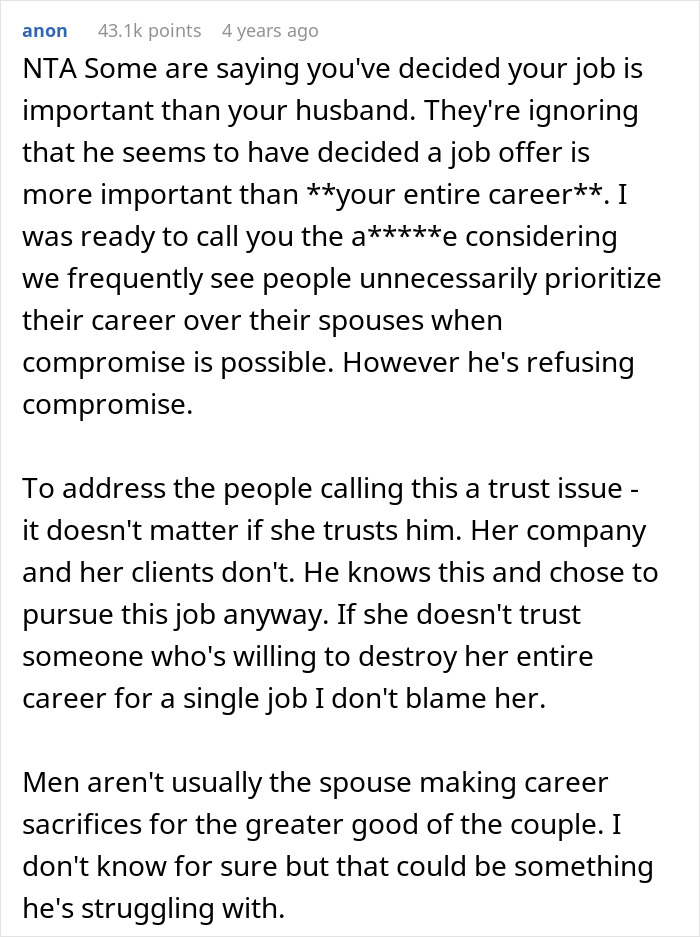 Comment discussing the challenge of asking husband to turn down dream job to protect her entire career and their relationship balance. - 21