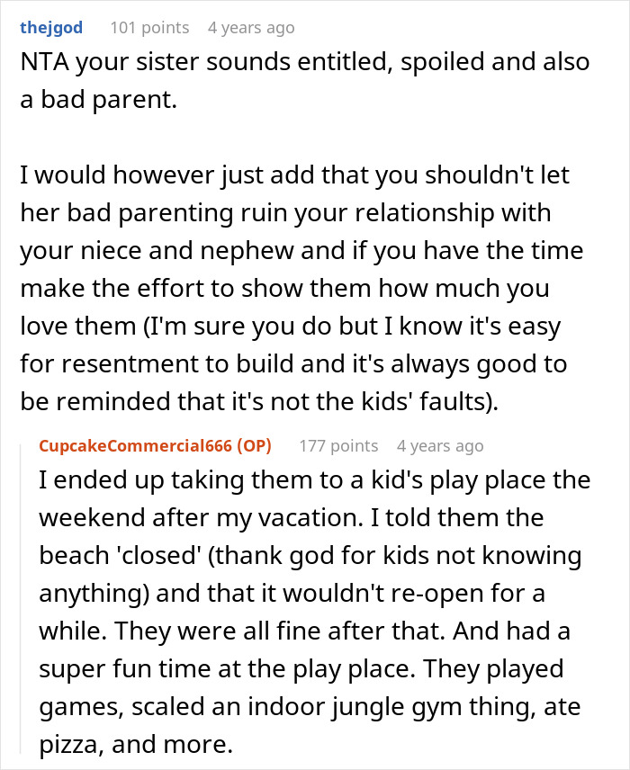 Text excerpt from a discussion about a vacation meant for four causing rift with woman prioritizing friend over sister and niblings. - 29