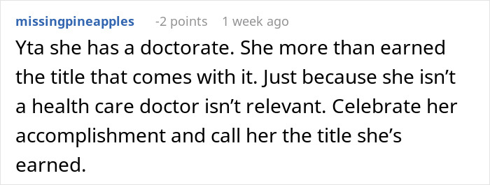 Comment defending aunt with PhD and emphasizing respect for her earned doctor title in family discussions. - 49