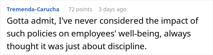 Comment highlighting the impact of penalty policies for being late on employees&rsquo; well-being and discipline.