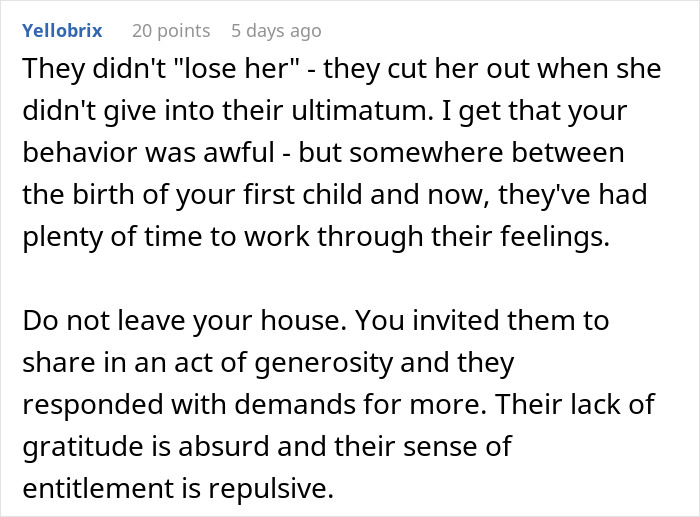 Text excerpt from a discussion about a man buying his wife’s childhood home and her brother demanding he move out. - 49