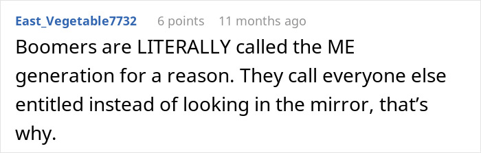 Online comment discussing generational views on entitlement and modern parents with mixed reactions. Online comment discussing generational views on entitlement and modern parents with mixed reactions.