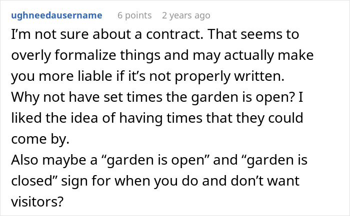Screenshot of a user comment discussing garden access times and signs amid issues with entitled parents and banning children from property. - 37