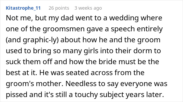 Text post describing a best man&rsquo;s speech comparing the groom&rsquo;s bride choice to an IKEA shopping trip, shocking wedding guests.