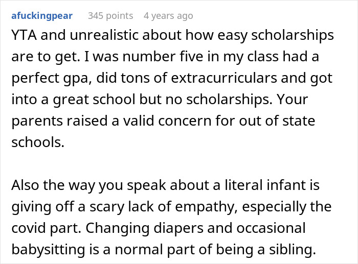 Comment text discussing a teen refusing to be a live-in babysitter, addressing empathy and scholarship challenges. - 26