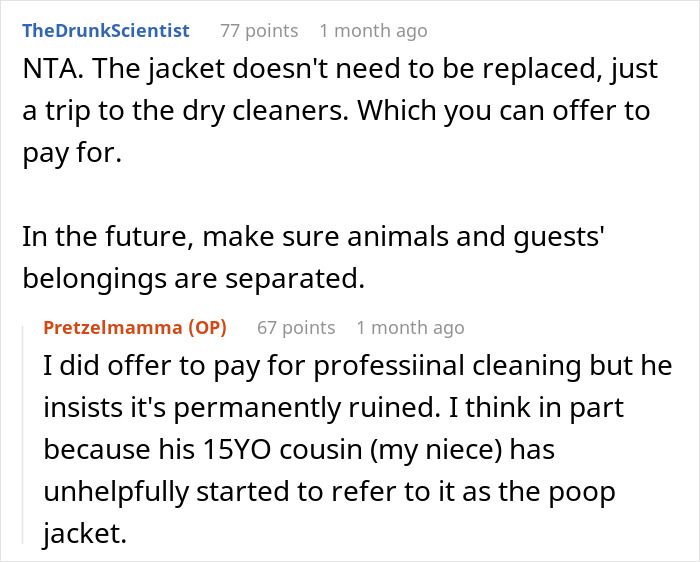 Reddit conversation about woman refusing to replace nephew&rsquo;s jacket ruined by dog, citing ignored warnings and cleaning offers.